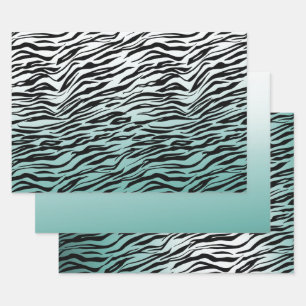 Aqua Mint Black Zebra Print Ombre Wrapping Paper Sheet