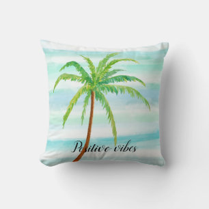 Aqua Mint Blue White Stripes Tropical Palm Tree    Cushion