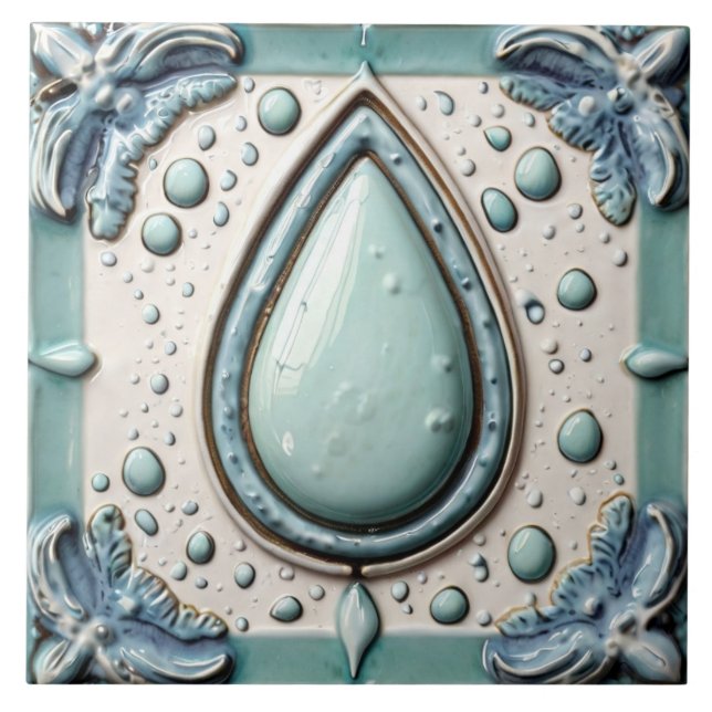 Aqua Mint Blue & White Water Drop Bathroom Tile (Front)