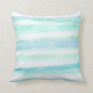 Aqua Mint Blue White Watercolor Stripes Cushion