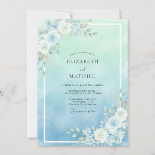 Aqua Mint Blush Rose Wedding Invitation