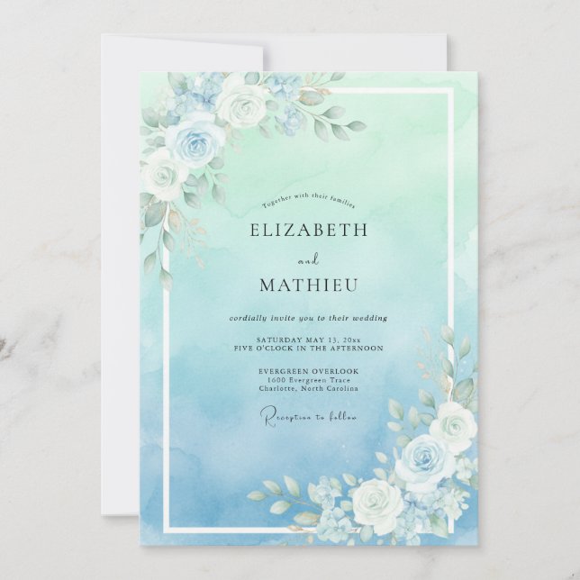 Aqua Mint Blush Rose Wedding Invitation (Front)
