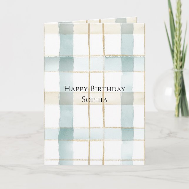 Aqua Mint Cream White Plaid Birthday Card (Front)