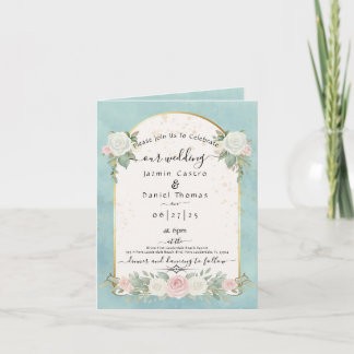 Aqua Mint Floral Gold Arch Folded Wedding Invitation