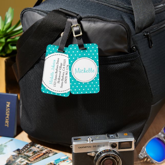 Aqua mint flower polka dots named luggage tag (Front & Back)