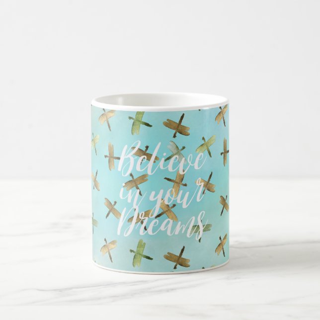 Aqua Mint Gold Dragonflies Believe in Dreams Coffee Mug (Center)