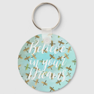 Aqua Mint Gold Dragonflies Believe in Dreams Key Ring