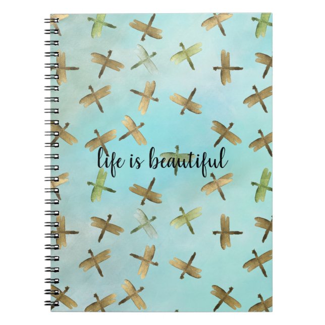 Aqua Mint Gold Dragonflies Watercolor personalised Notebook (Front)