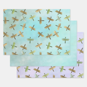 Aqua Mint Gold Dragonflies Watercolor Wrapping Paper Sheet