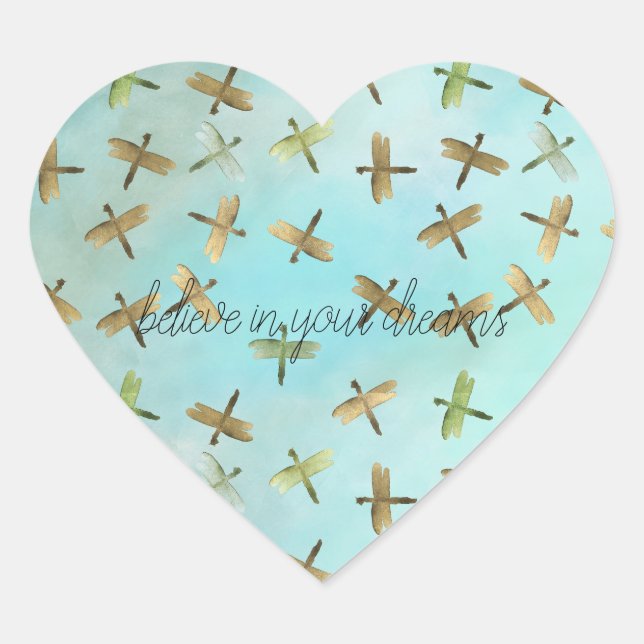 Aqua Mint Gold Dragonfly Believe in Dreams Heart Sticker (Front)
