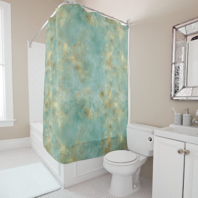 Aqua Mint Gold Glam Abstract Shower Curtain (In Situ)