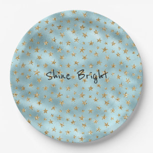 Aqua Mint Gold Glitter Stars Paper Plate
