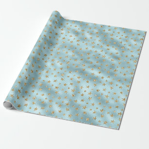 Aqua Mint Gold Glitter Stars Wrapping Paper