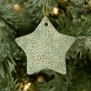 Aqua Mint Gold Glitz Glitter Leopard        Ceramic Tree Decoration