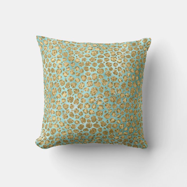 Aqua Mint Gold Glitz Glitter Leopard  Cushion (Front)