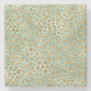 Aqua Mint Gold Glitz Glitter Leopard    Stone Coaster