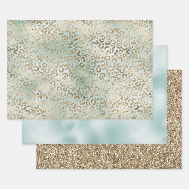 Aqua Mint Gold Glitz Sparkle Leopard Print     Wrapping Paper Sheet (Set)
