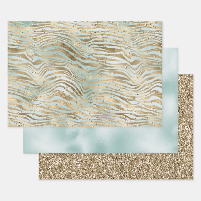 Aqua Mint Gold Glitz Sparkle Zebra Print      Wrapping Paper Sheet (Set)