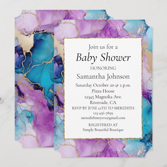 Aqua Mint Gold White Marble Invitation (Front/Back)