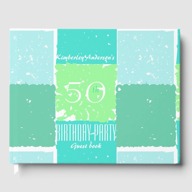 Aqua Mint Green Colours 50th birthday Guest Book (Front)