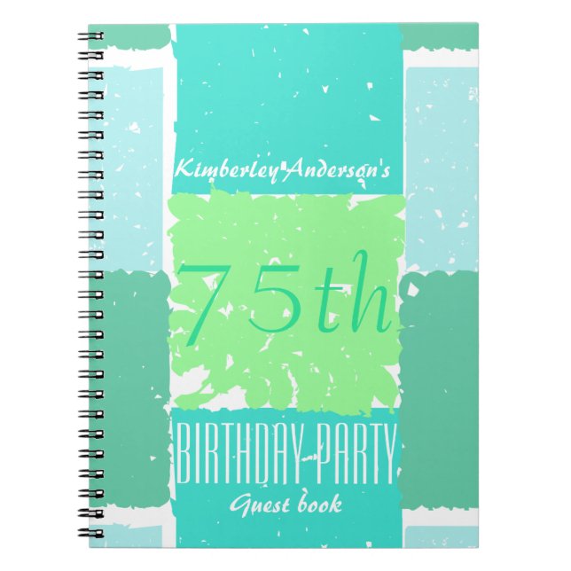 Aqua Mint Green Colours 75th birthday Guest Book (Front)