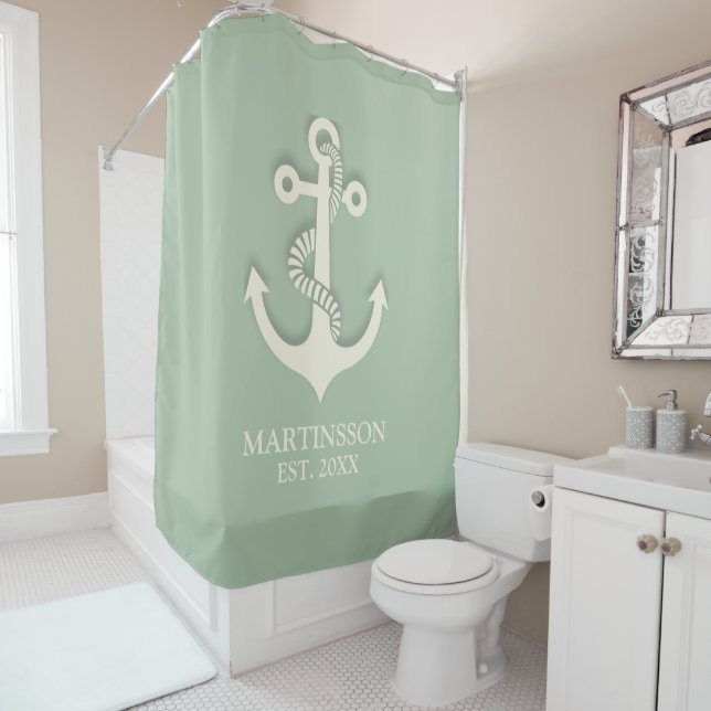 Aqua Mint Green White Anchor Name Date Nautical  Shower Curtain (In Situ)