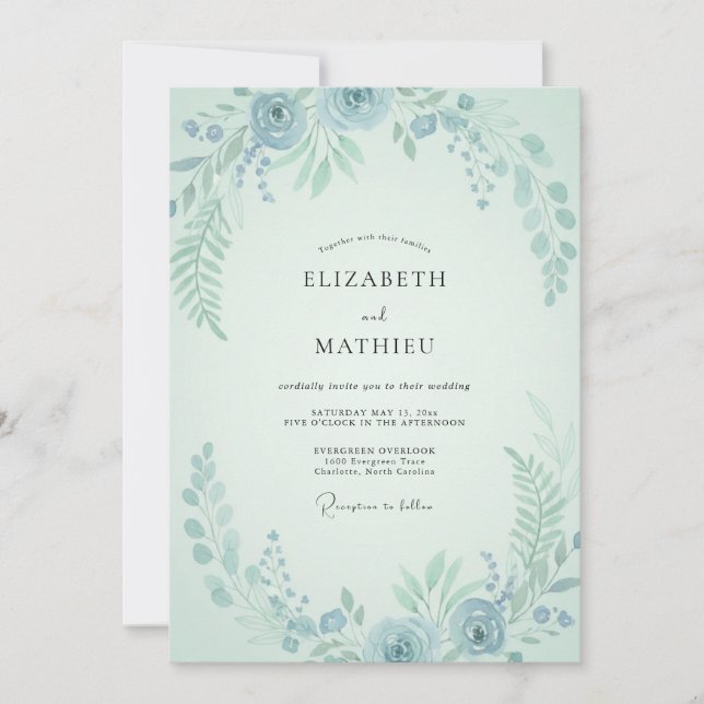 Aqua Mint Leafy Wedding Invitation (Front)