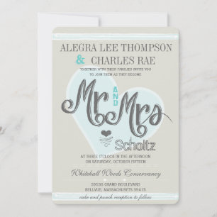Aqua Mint Mr and Mrs Typography Weddings Invitation