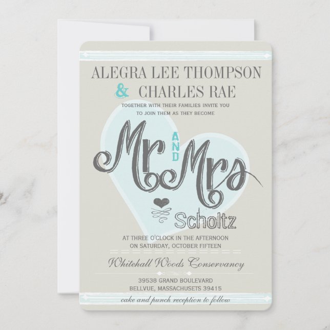 Aqua Mint Mr and Mrs Typography Weddings Invitation (Front)