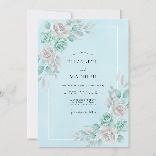 Aqua Mint Peony Wedding Invitation (Front)