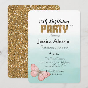 Aqua Mint Pink Butterfly Gold Glitter Invitation