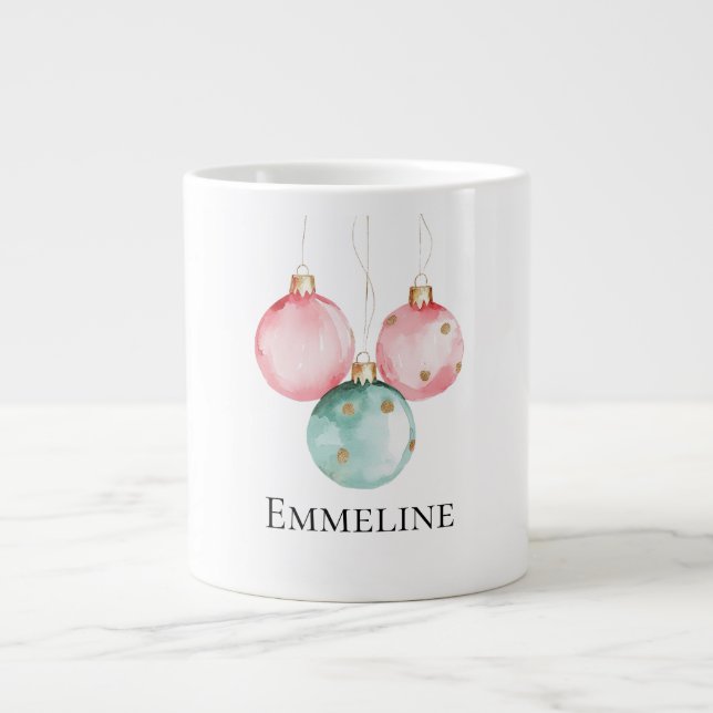 Aqua Mint Pink Gold Dots Christmas Ornaments Name Large Coffee Mug (Front)