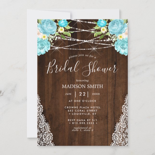Aqua Mint Rustic String Light Floral Bridal Shower Invitation (Front)
