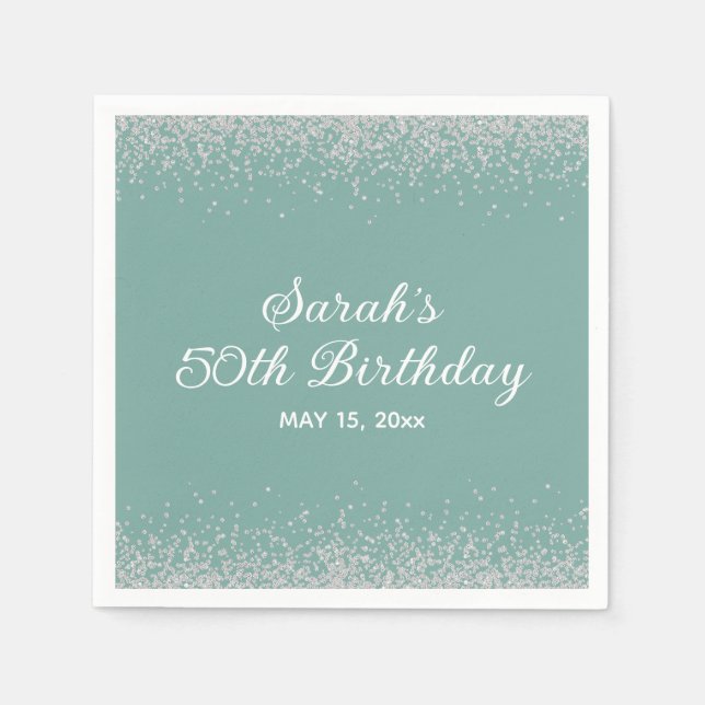 Aqua Mint Silver Diamond Glitter 50th Birthday Napkin (Front)