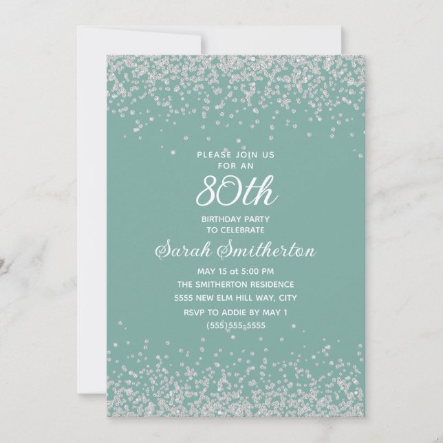 Aqua Mint Silver Diamond Glitter 80th Birthday Invitation (Front)