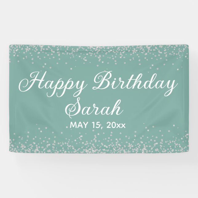 Aqua Mint Silver Diamond Glitter Happy Birthday  Banner (Horizontal)