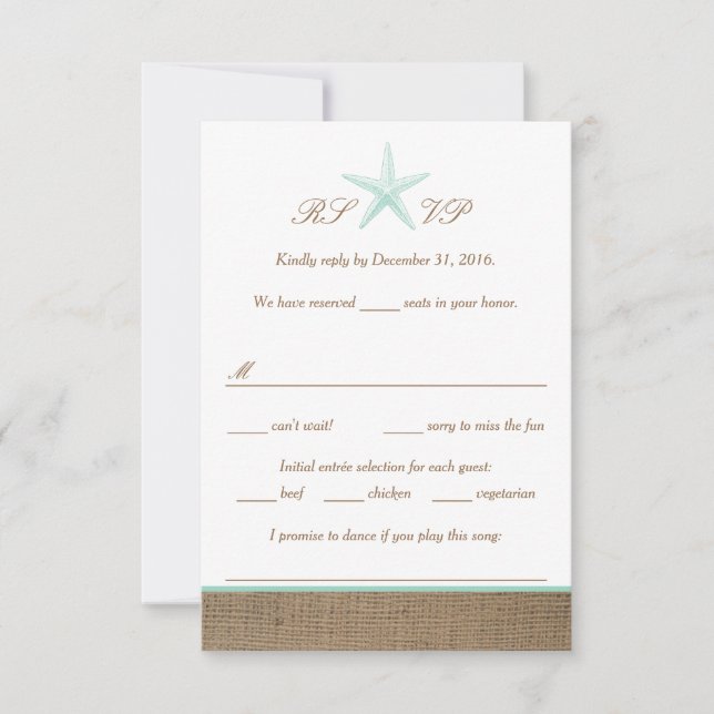 Aqua Mint Starfish Burlap Beach Wedding RSVP Cards (Front)