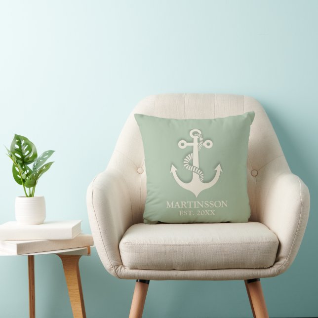 Aqua Mint White Anchor Name Date Nautical  Cushion (Chair)