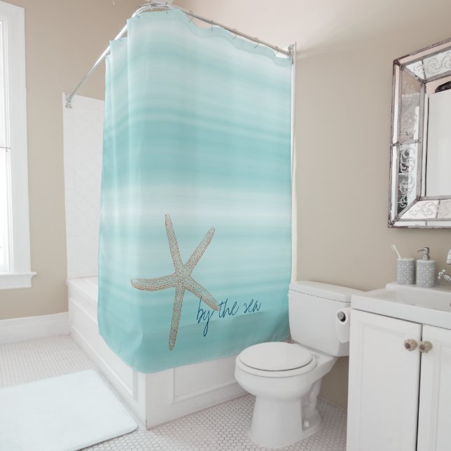 Aqua Mint White Beach Vibes Starfish       Shower Curtain (In Situ)