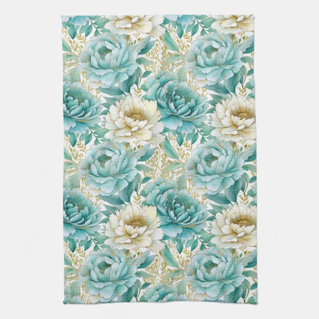 Aqua Mint White Floral Tea Towel (Vertical)
