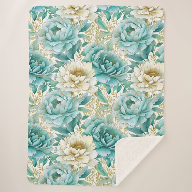 Aqua Mint White Floral Wedding Sherpa Blanket (Front)