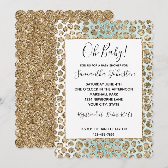 Aqua Mint White Gold Glam Glitter Leopard Invitation (Front/Back)