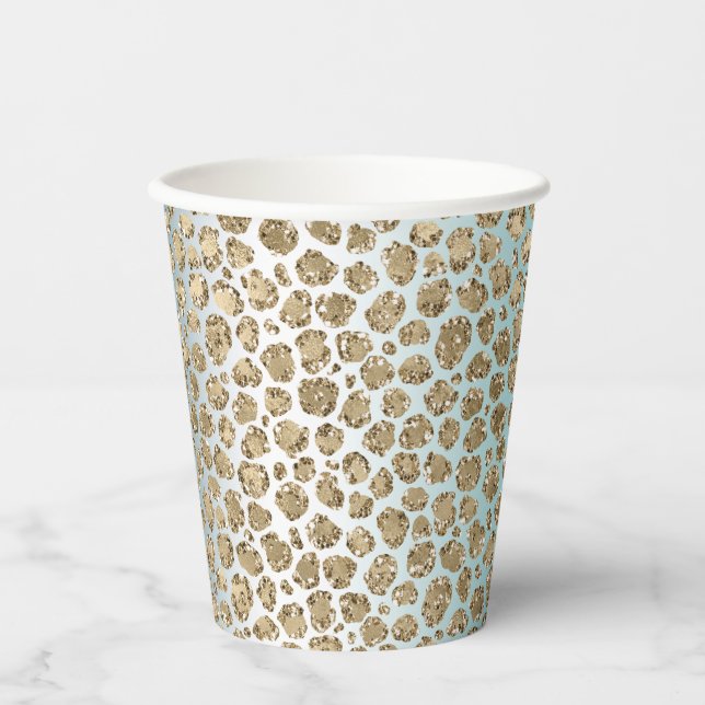 Aqua Mint White Gold Glitter Leopard   Paper Cups (Front)
