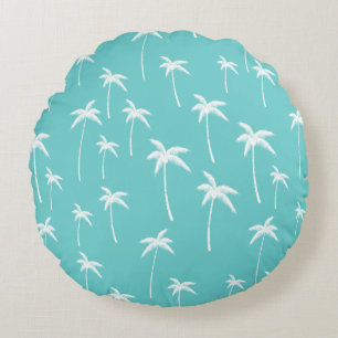 Aqua Mint White Palm Trees Round Cushion