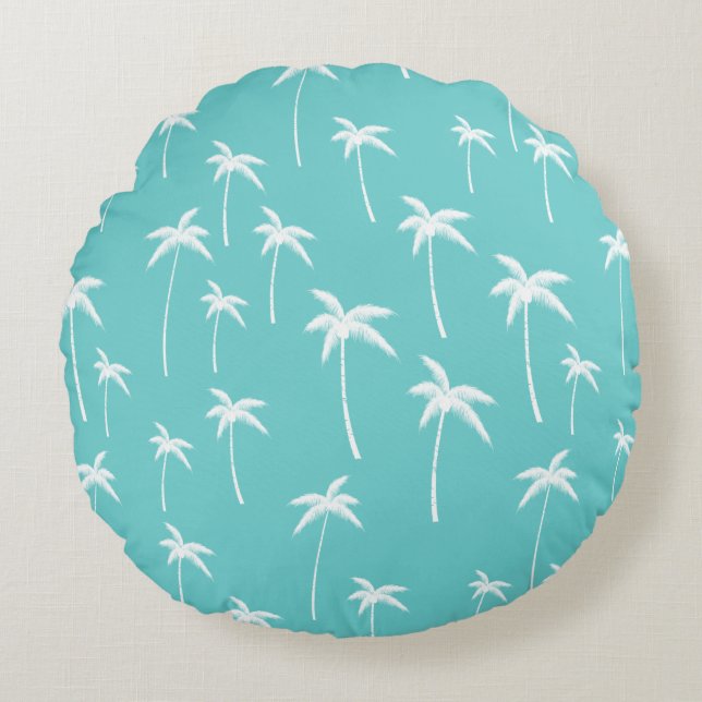 Aqua Mint White Palm Trees Round Cushion (Front)