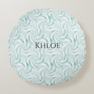 Aqua Mint White Swirls Christmas Round Cushion