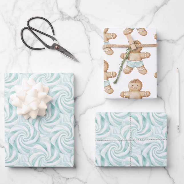 Aqua Mint White Swirls Christmas Wrapping Paper Sheet (Front)