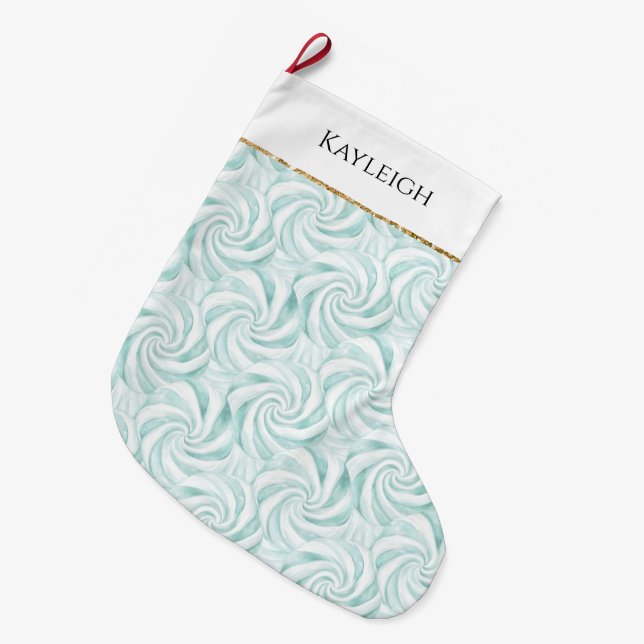 Aqua Mint White Swirls   Large Christmas Stocking (Front (Hanging))