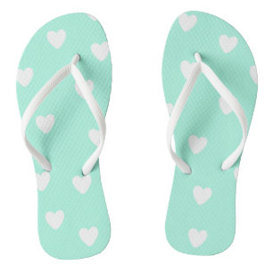 Aqua Mint with Cute White Hearts Pattern Flip Flops
