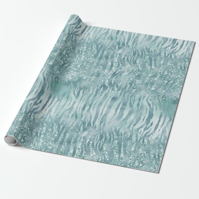 Aqua Mint Zebra Print Confetti Glitter Wrapping Paper (Unrolled)